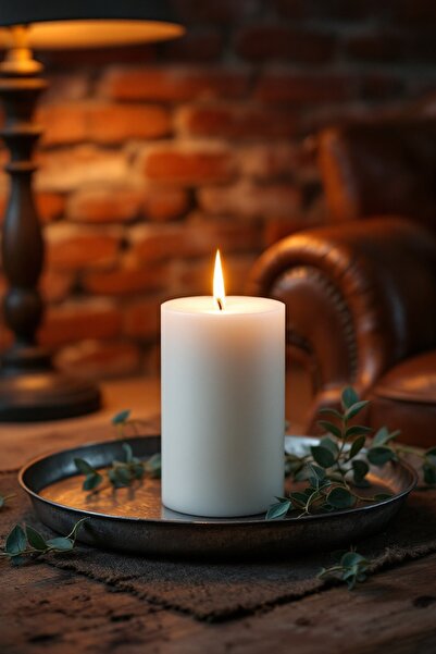 Candle Vase El İşçiliği Blok Kütük Silindir Mum Beyaz Renk  5 Cm  X 10 Cm   S...