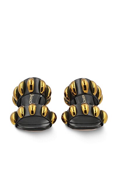 Vario Siyah Altın Detaylı İnce Topuklu Terlik Napa Sıyah