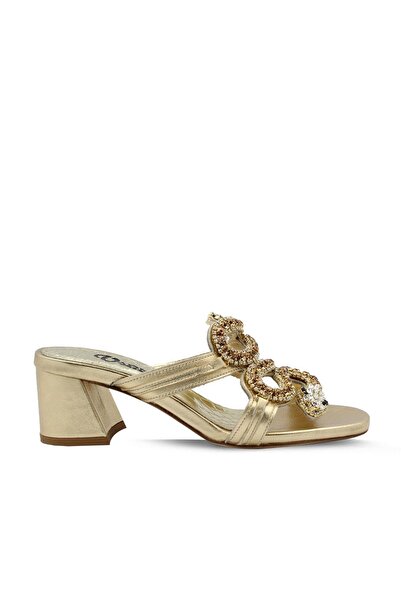 Vario Altın Taş Detaylı Kalın Topuklu Terlik Dore