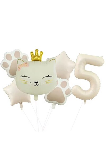 DÜVENCİ TİCARET KREM RENK PATİ FOLYO BALON TAÇLI KEDİ YAŞ BALON SET