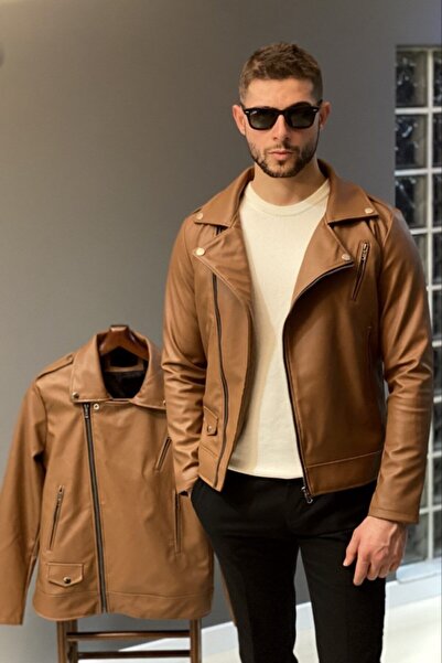 Jaglion Мъжко светлокафяво кожено яке за нов сезон