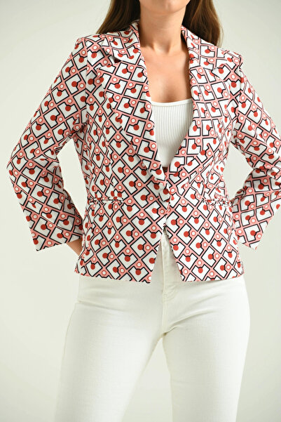 Lujiz Kadın Blazer Desenli Bel Boy Blazer Ceket Pudra - T027
