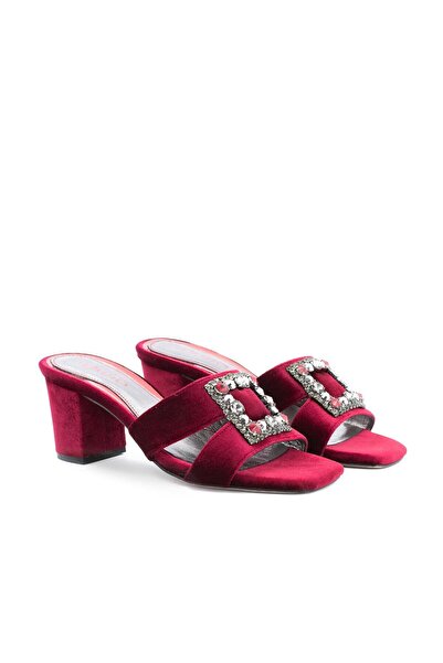Vario Velvet Stone Buckle Thick Heeled Slippers (Burgundy Velvet)