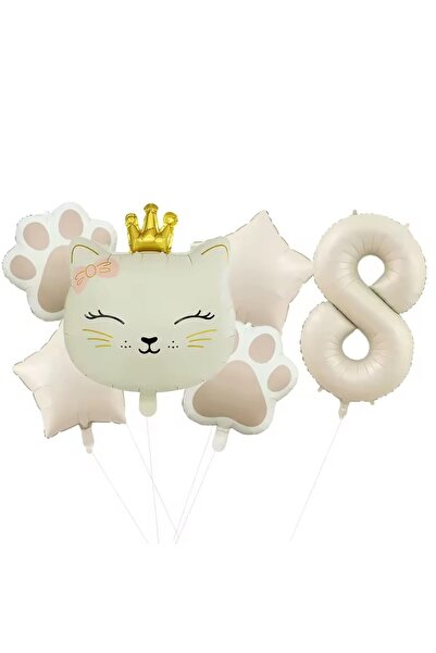 DÜVENCİ TİCARET KREM RENK PATİ FOLYO BALON TAÇLI KEDİ YAŞ BALON SET