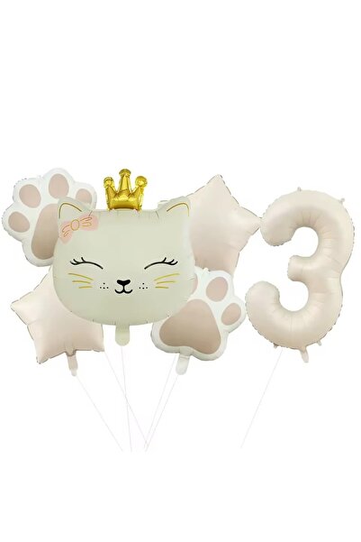 DÜVENCİ TİCARET KREM RENK PATİ FOLYO BALON TAÇLI KEDİ YAŞ BALON SET