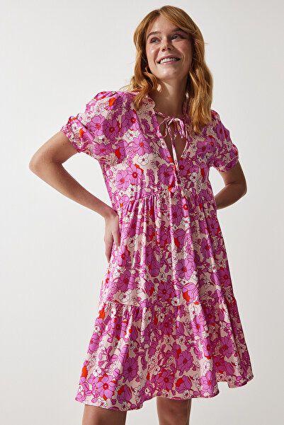 Lovelyİstanbul Çiçekli Yazlık Viskon Kloş Elbise PEMBE LUB0088
