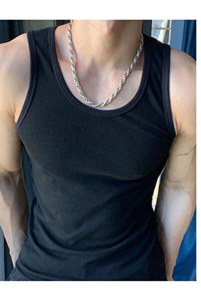 Riowela Erkek Atlet Siyah Renk Spor Halter Yaka Likralı Atlet