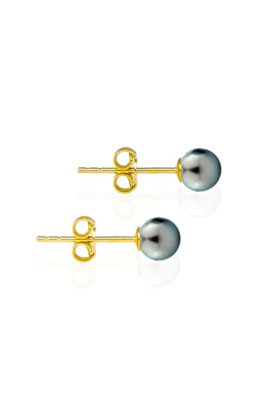 bymissmücevherat 925 Ayar Gümüş Gold Kaplama Tahiti İnci (Siyah İnci) Taşlı Minimal Küpe