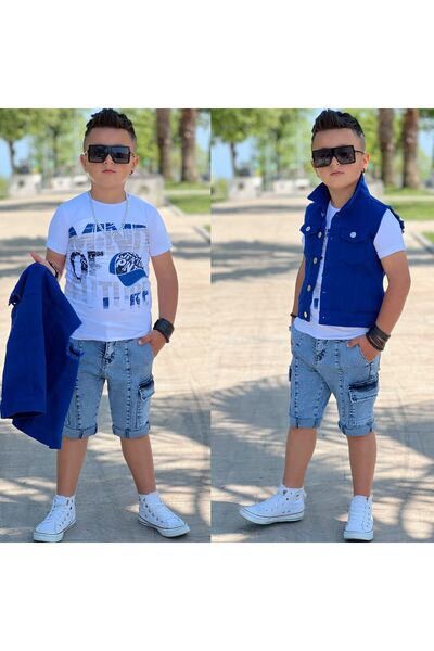 muzur kids طقم من 3 قطع للأولاد: سترة جينز / تي شيرت / بنطلون جينز - زي العيد