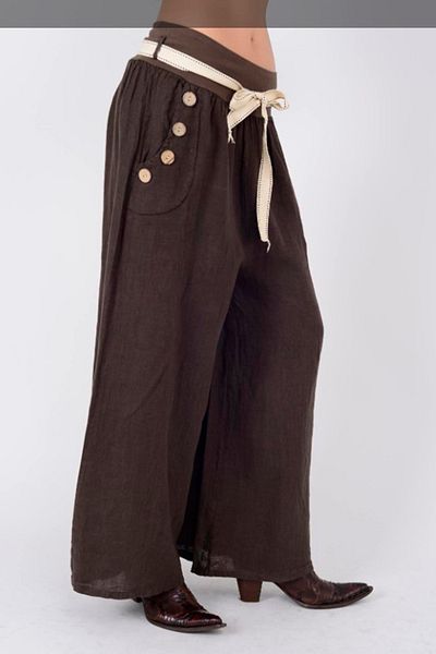 AYASOFYA OTANTIK Women's Italian Brown Button Detailed Loose Wide Leg Loose Linen Trousers with Belt