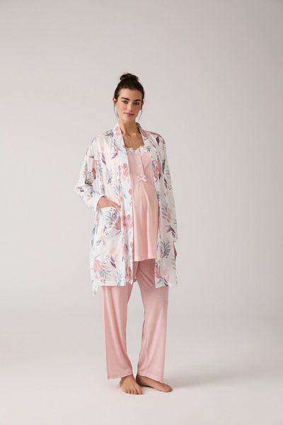 Lohussa Women's Powder Special Design Patterned Lace Detailed Summer Cotton Maternity Dressing Gown Pajama Set Set