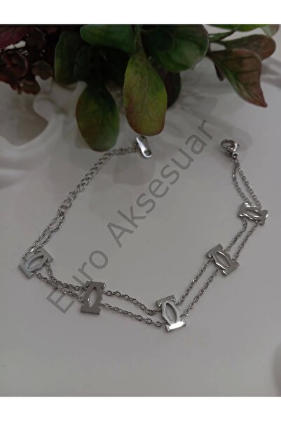 EUROAKSESUAR سوار فولاذي بسلسلة مزدوجة فضية