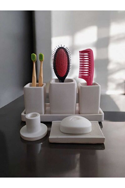 Trust Stone Set de baie din beton cu model de marmură 6 bucăți Suport pentru periuță de dinți Suport pentru tămâie Suport pentru lumânări Tavă Vasă pentru săpun