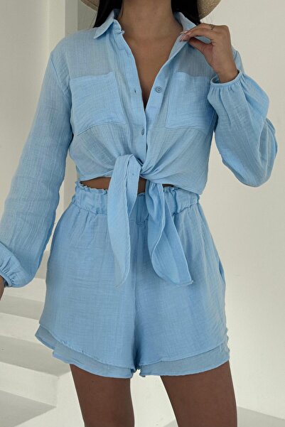 ZISHAN Müslin Kumaş Yumuşacık İkili Takım Bağlamalı Crop Gömlek ve Şort %100 Pamuk 1000