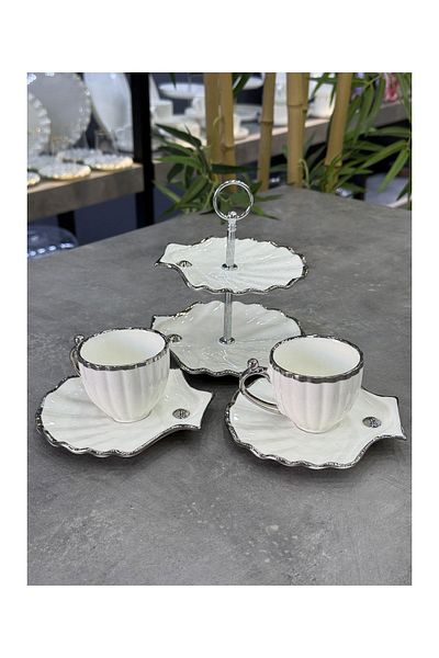 Doğudeko Luxury Porcelain Oyster Presentation Set of 2 Cups Silver