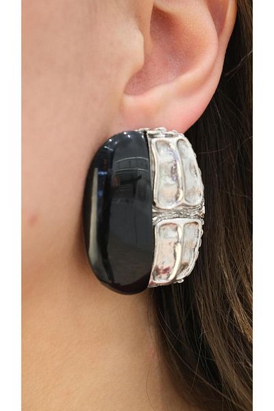 Jerie Black Acrylic Silver Serrated Plate Large Earrings