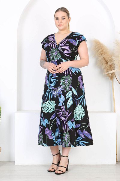 Madwilo Rochie maxi de mărime mare, cu mâneci cu volan, cu model tropical, albastru violet