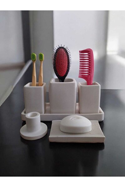 Trust Stone Set de baie din beton cu model de marmură 6 bucăți Suport pentru periuță de dinți Suport pentru tămâie Suport pentru lumânări Tavă Vasă pentru săpun