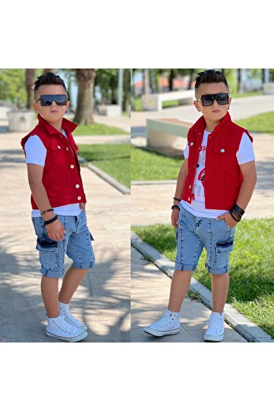 Burçak Butik Boy's Denim Vest / Denim Trousers / Suprem T-Shirt 3-Piece Combination