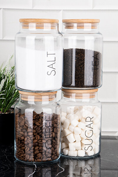 dnshome 4'lü Kavanoz Seti Ahşap Vakum Kapaklı Çay Şeker Kahve Tuz Saklama Kab...