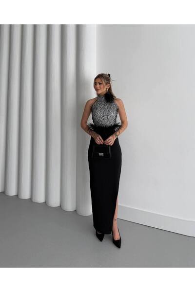 NSHIQ Kadın Payetli Otrişli Gül Detaylı Astarlı Yırtmaçlı Elbise