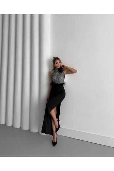 NSHIQ Kadın Payetli Otrişli Gül Detaylı Astarlı Yırtmaçlı Elbise