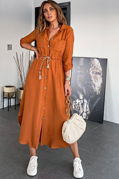 Pasaklı Giyim Rochie cămașă de in pentru femei, cu mânecă lungă, cu talie înc...