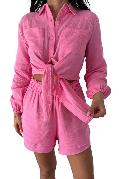 Moda Amore Women's Two Piece Set - Front Tie Shorts and Shirt 100% Cotton