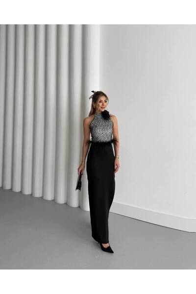 NSHIQ Kadın Payetli Otrişli Gül Detaylı Astarlı Yırtmaçlı Elbise