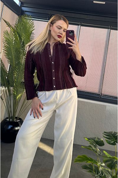 MİR STORE Cardigan din tricotaje bordeaux cu detaliu țesut fin cu sclipici