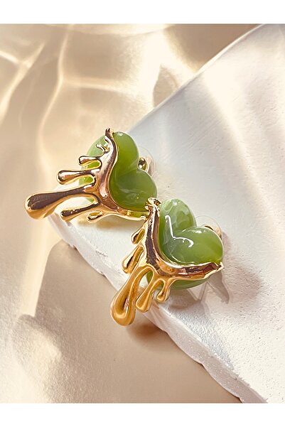 WisstoriaCollections Gold Renk Yeşil Sedefli Akan Kalp Model Kadın Küpe