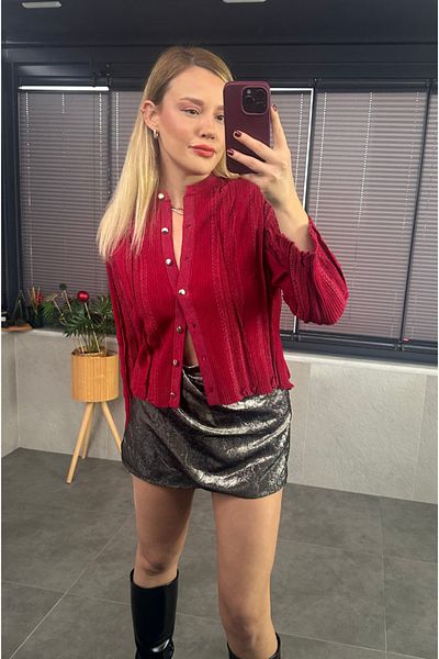 MİR STORE Red Knitwear Cardigan with Lurex Fine Weaving Detail