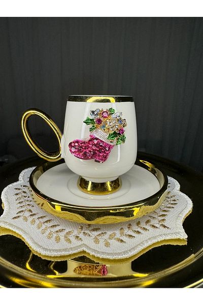 EŞİYOK Special Design Crystal Stone Fuchsia Shoe Decorated Gold Detailed Coffee Cup