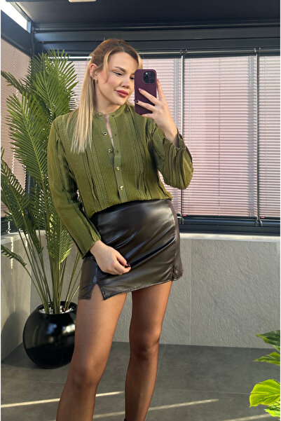 MİR STORE Simli İnce Dokuma Detaylı Yağ Yeşili Triko Hırka