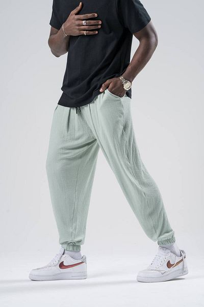 Superbluemexico Unisex Wrinkled Fabric Summer Baggy Trousers