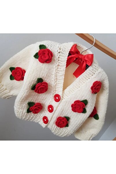 ThreadArtByNur El Örgüsü Gül Detaylı Bebek Hırkası
