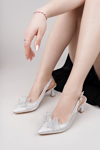 Tolgado Tolgado Women's Satin Open Back Pointed Butterfly Stone Buckle New Evening Shoes