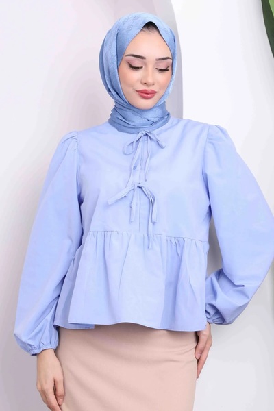 Miraydın Butik Cămașă pentru femei, albastră, cu mâneci balon, cu fustă, M1111