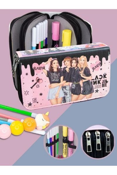 PartAntalya Black Pink Blink Themed Pencil Case Vegan Leather Three Compartments (Pen Holder)