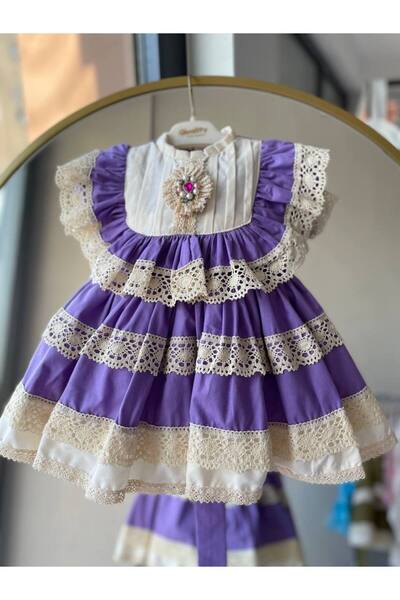Sare Çocuk Giyim Girl's Purple Vintage Concept Antiallergic Cotton Fabric Party Birthday Evening Dress + Buckle