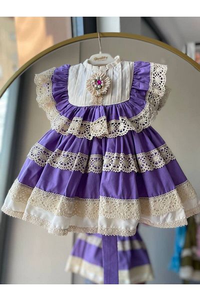 Sare Çocuk Giyim Girl's Purple Vintage Concept Antiallergic Cotton Fabric Party Birthday Evening Dress + Buckle