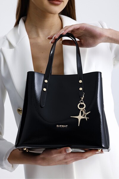 Evident Black Patent Leather Adjustable Special Cross Strap Women's Handbag with Removable Accessories
