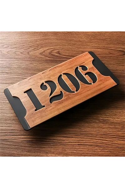 zafrakreklam Horizontal Composite - Wooden Apartment -Apartment Hotel Office Door Number Black & Walnut No-4 Four