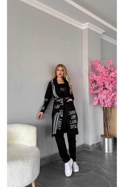 Bella Belluci Stone Trock Print Cardigan Three-Piece Set