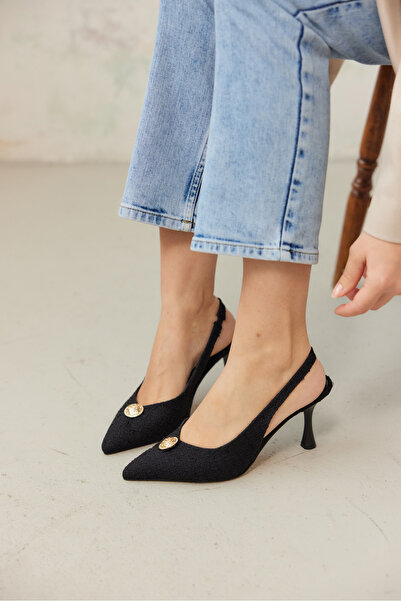 MİLAYA SHOES حذاء TUVA نسائي بكعب من القماش مع أزرار معدنية