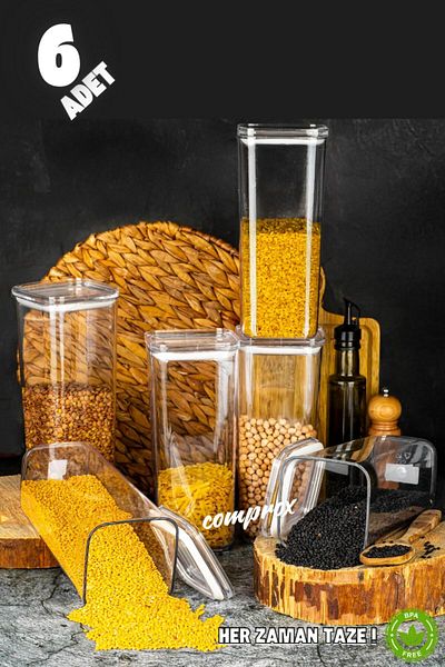 Comprox مجموعة من 6 قطع من أدوات تخزين الطعام الصلبة المربعة 1700 - غطاء خفيف الوزن مفرغ من الهواء، منظم خالٍ من مادة BPA