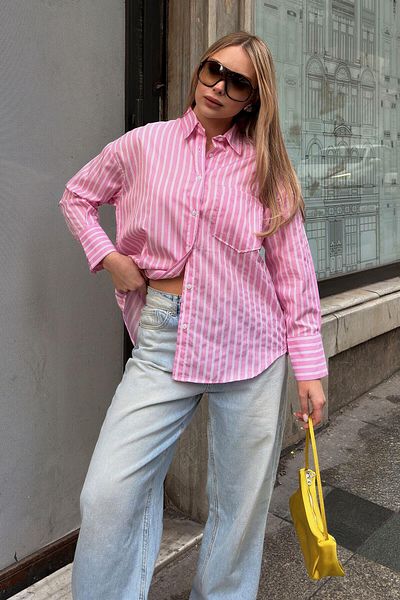 Swist Pink Double Cuff Striped Single Pocket Shirt Collar Women's Shirt