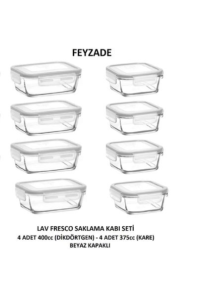 LAV Feyzade Fresco Storage Container Set 4 Pieces 400Cc (Rectangular) and 4 Pieces 375Cc (Square)