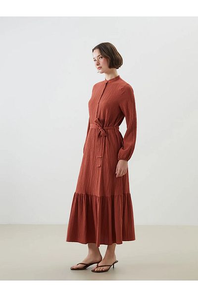 LC Waikiki LCWAIKIKI Klassisches orangefarbenes Musselin-Damenkleid mit Richterkragen
