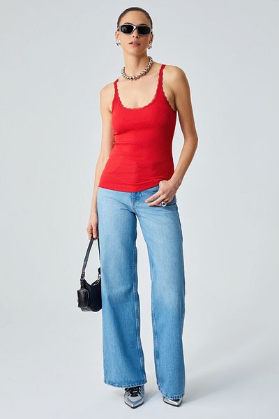 GRIMELANGE Barry Women's Collar and Sleeve House Red Tank Top with Thin Lace Flexible Interlock Fabric